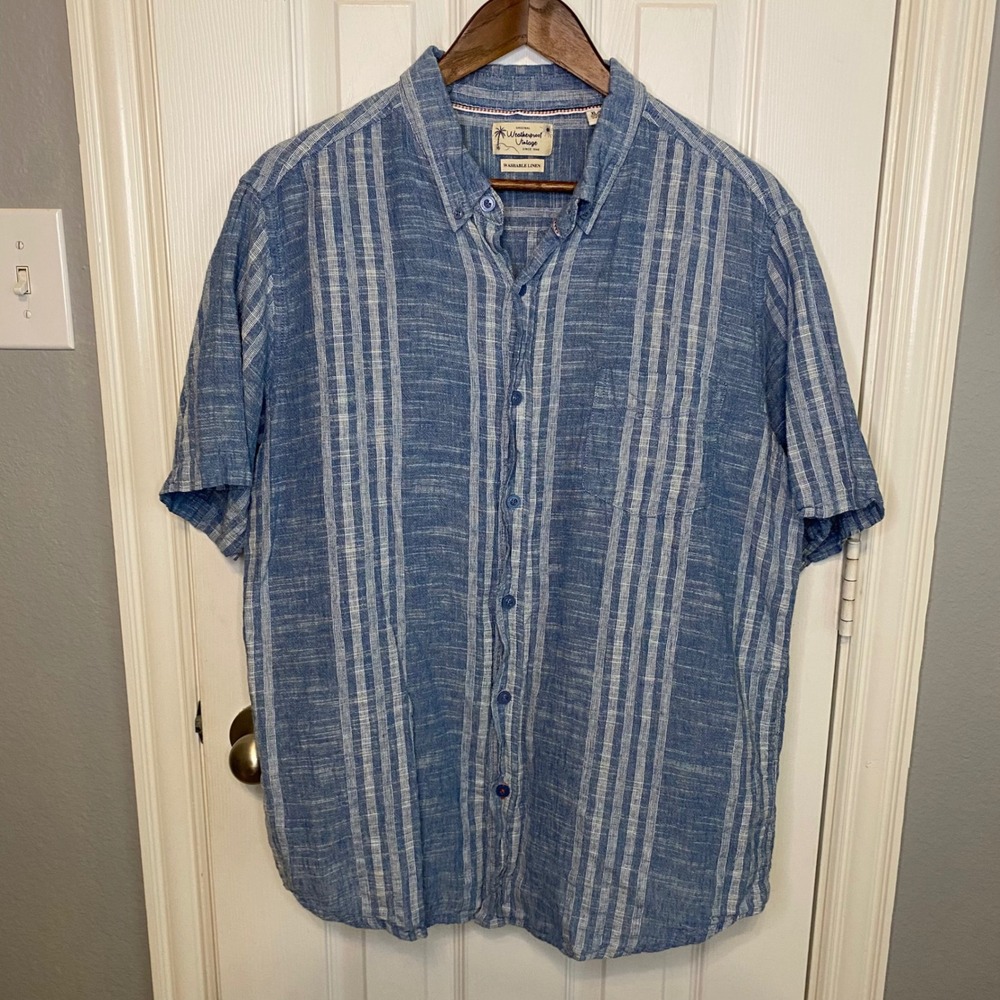 Weatherproof Vintage Mens XL Blue White Stripe Washable Linen Short Sleeve Shirt